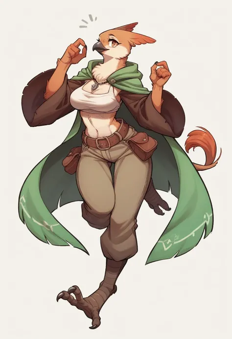 female anthropomorphic bird, Breasts covered and sfw. full body, white background. plays bagpipes. kopf von einem Robin, bird head, SCHNABEL, Robin