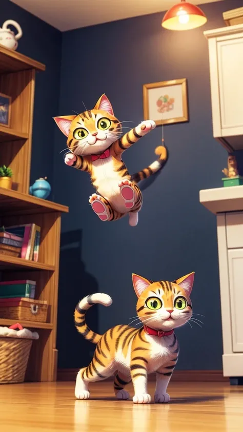 a cat playing with a cat toy, cat, kitten, domestic cat, pet, adorable, cute, playful, feline, indoor, dynamic pose, cat toy, cat toy wand, cat chasing, cat pouncing, whimsical, vibrant colors, soft lighting, photorealistic, high quality, detailed, masterp...