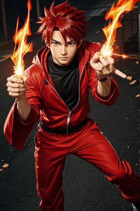 An anime style character whose clothes are red and with teenage fire powers.