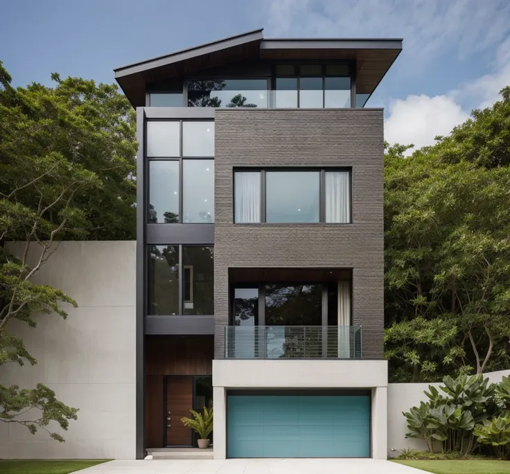 A wide angle shot shows the front view of a contemporary two-story villa with white walls and glass windows, design by Tadao ando,surrounded by lush greenery. It features an outdoor pool area overlooking the ocean at natural light. Stone pathways lead to m...