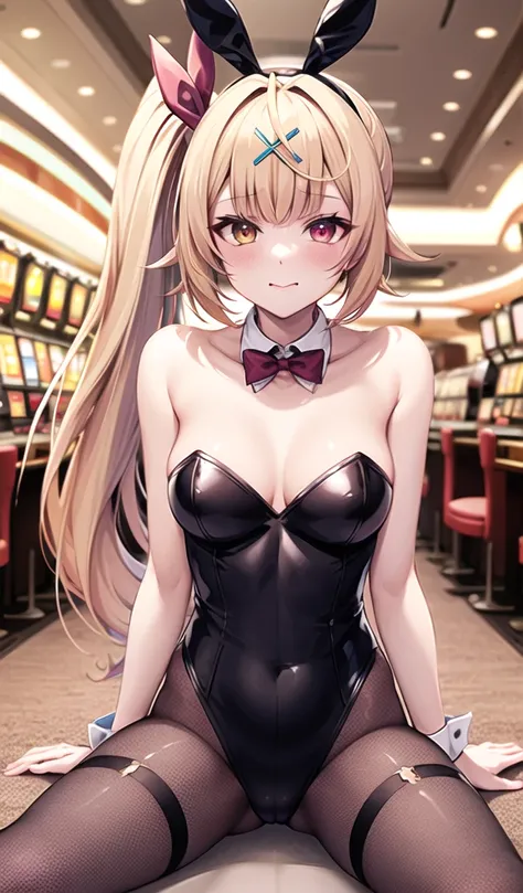 masterpiece, Highest quality, High resolution, HS1, Red eyes, Yellow Eyes, Side Ponytail, x Hair accessories,Pink is good,Hair Ribbon,Black Playboy Bunny, hair band, Bunny ears,Fishnet tights,casino,sit,Spread your legs,Leaning forward,True Face,blush