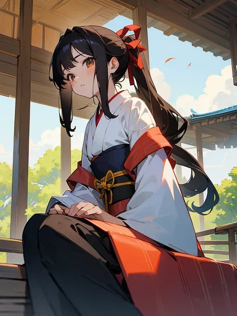 Anime illustration、masterpiece、high quality、１４Year old girl、Long black hair ponytail、Eye colour: Light brown、The clothes are short indigo-dyed kimonos.、Wearing a red sash、Sitting on the veranda of a Japanese-style house、Next to it is a basket full of peach...