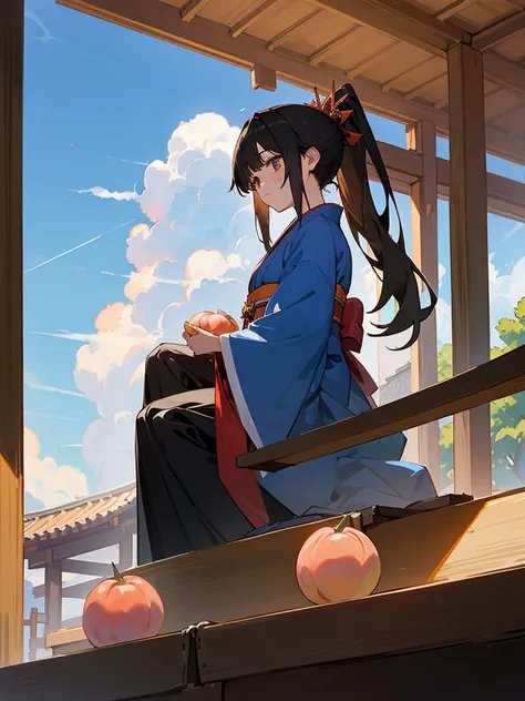 Anime illustration、masterpiece、high quality、１４Year old girl、Long black hair ponytail、Eye colour: Light brown、The clothes are short indigo-dyed kimonos.、Wearing a red sash、Sitting on the veranda of a Japanese-style house、Next to it is a basket full of peach...