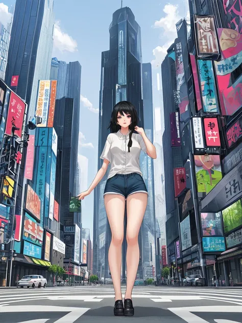 Size fetish、The background is the city、A giant girl in the city、Long legs、Shorts、I&#39;m not wearing underwear、Sexy figure、The building is shorter than her.、Wearing long boots、Oversized T-shirt、Erotic、