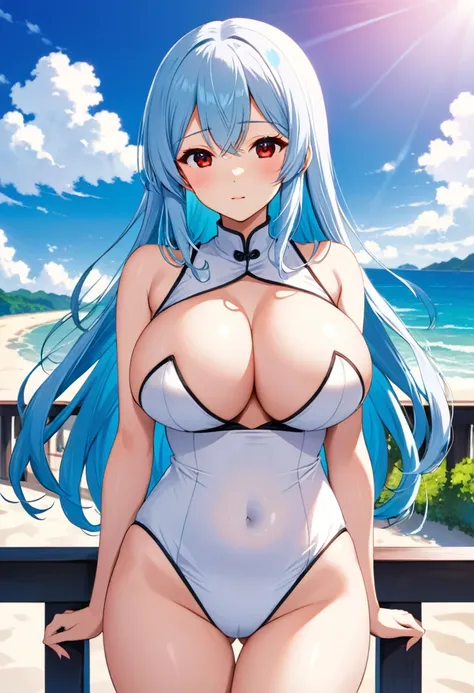 My name is Yukiko.I am a white test woman with long Sky blue hair,red eye color.I am 1.62 cm tall . My breasts measure 200 cm, my waist 40 cm and my hips 200 cm. With big breasts 200 cm