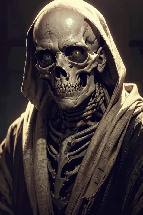 Creepy mummified man、Highly detailed face and wrinkled skin、Sunken eyes、Skeleton Hand、Tattered clothes、Dark and gloomy setting、Spooky atmosphere、Dramatic lighting、Cinematic composition、Calm colors、Atmospheric and unsettling、(Highest quality、4K、8K、High reso...