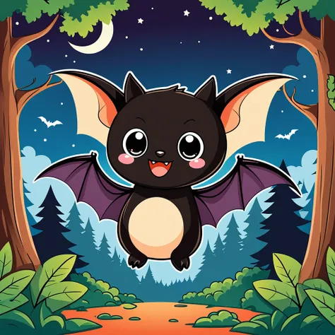 cute bat, illustration, vector graphics, strong contours, forest background
