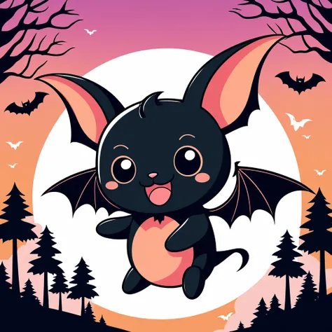 cute bat, illustration, vector graphics, strong contours, forest background
