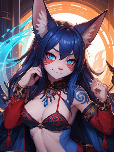 the best definition,(1 teen) High Definition, kitsune ears, tribal tattoo, flirtatious girl, Small breasts add_detail, magician girl add_detail, sensual pose, horny girl, expression of sarcasm puts his hands to his face with an expression of mischief add_d...