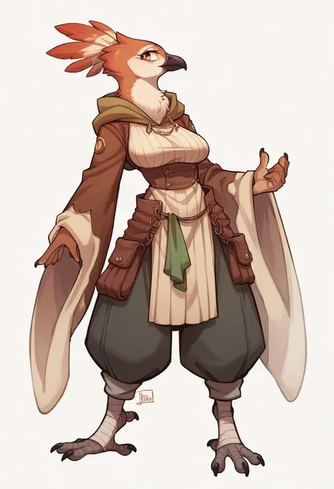 female anthropomorphic bird, Breasts covered and sfw. full body, white background. plays bagpipes. kopf von einem Robin, bird head, SCHNABEL, Robin. portrait