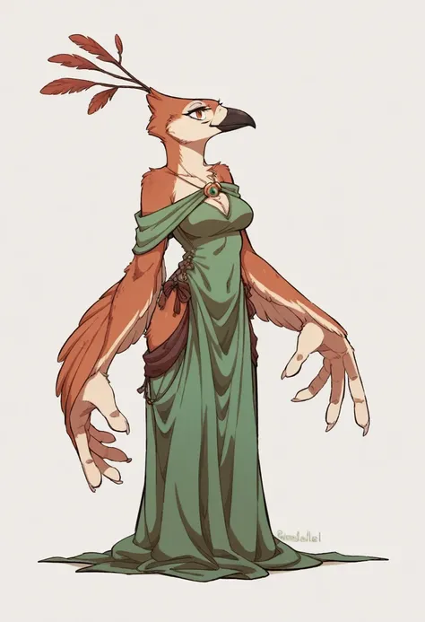 female anthropomorphic bird, Breasts covered and sfw. full body, white background. plays bagpipes. kopf von einem Robin, bird head, SCHNABEL, Robin. portrait