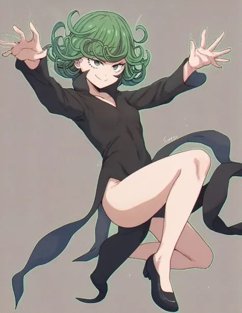 緑の髪とAnime girl in a black dressが写真のポーズをとっている, Tatsumaki from one punch man, Anime girl in a black dress, Tatsumaki,  In a dress, Cool pose, Dramatic smile pose, Enchanting anime girl, Female Anime Characters, Anime female full body art, Attractive anime gi...