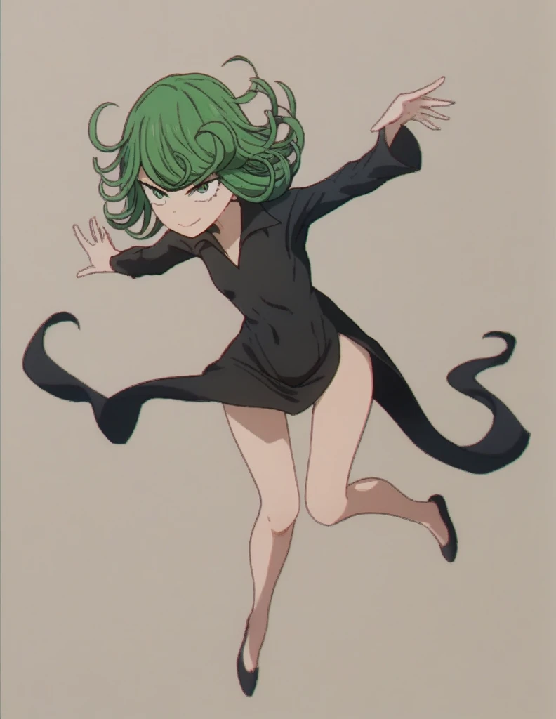 緑の髪とAnime girl in a black dressが写真のポーズをとっている, Tatsumaki from one punch man, Anime girl in a black dress, Tatsumaki,  In a dress, Cool pose, Dramatic smile pose, Enchanting anime girl, Female Anime Characters, Anime female full body art, Attractive anime gi...