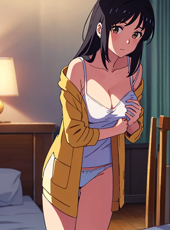 shinkai makoto, kimi no na wa., 1girl, bangs, black hair, brown eyes, twisted half up, red ribbon, long hair, long sleeve light yellow cardigan, offs shoulder cardigan, open cardigan, undressing Cardigan, cleavage, breast, medium breast, Orange shirt, bott...