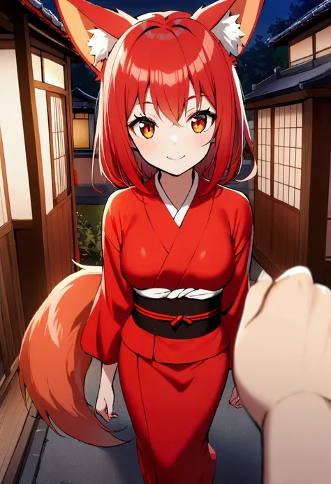 1girl with long ((!red hair))), amber eyes, fox ears, slender body, ,fox tail, outdoors, Japanese house, night, smile, walking to camera, POV, red kimono