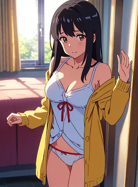 shinkai makoto, kimi no na wa., 1girl, bangs, black hair, brown eyes, twisted half up, red ribbon, long hair, long sleeve light yellow cardigan, offs shoulder cardigan, open shirt, yellow shirt, cleavage, medium breast, Orange shirt, bottomless, white pant...