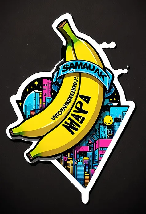 Create a sticker illustration of a banana inspired by the video game Cyberpunk 2077 with a 2D graffiti effect. The sticker should have no background, with only the banana shape and a prominent white outline around the edges. All design elements must be con...