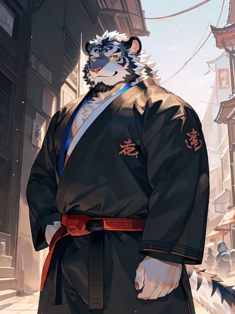 (White skintiger),(上Half Body赤膊:1.7),(Martial Arts衣服:1.4),(Holding a long sword),(Great posture),Standing quietly,(The background is a city full of ancient atmosphere，There are many busy vendors in the city:1.5),(abdominal muscles),Heroic Stance飒爽,完美的maste...