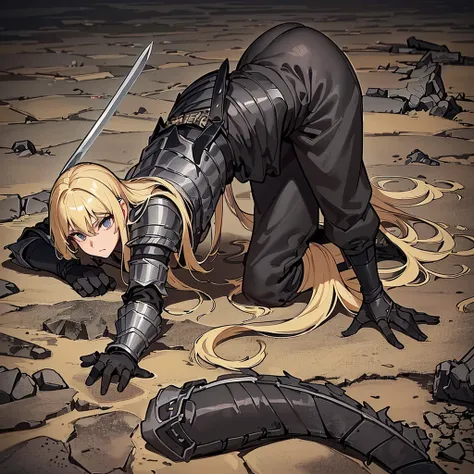 (((Solo)))、Best illustrations、Best Quality、(Full body character concept、detailed)、(((Simple grey armor、Black trousers、Black gloves、woman、18-year-old、Blonde、Long Hair)))、(((Grab the sword、Get Ready)))、(From below)、(Old ruins、desert)、Fall to the floor、(Black...