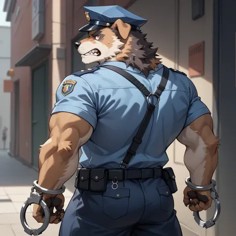 （furry、dog police officer）、dark back alley、handcuffs、the front of the clothes is fluttering、muscular、estrus、looks frustrated、are...