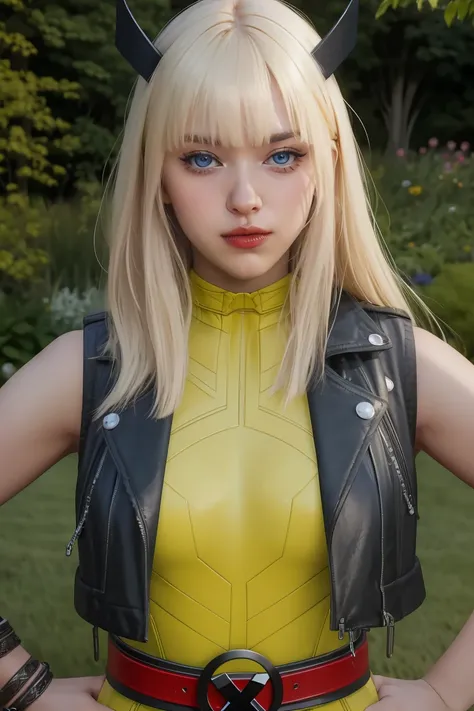 magik,blond hair,blue eyes,horns,bangs,
bodysuit,x belt,open black vest,armored left arm,single gauntlet,
standing,upper body,sm...