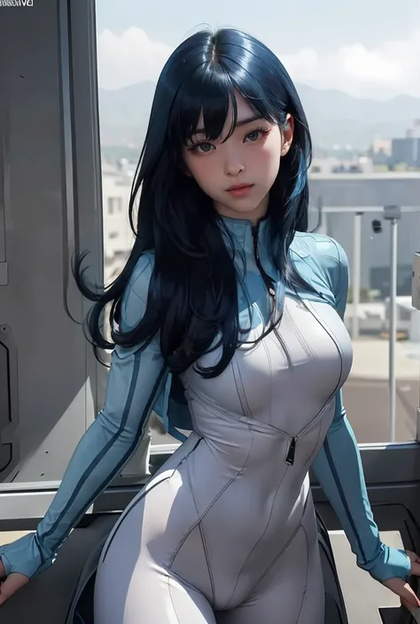 (masterpiece, best quality), 1girl,    AeroMarvel, 1girl, solo, long hair, blue eyes, large breasts, black hair, blue hair, white bodysuit,