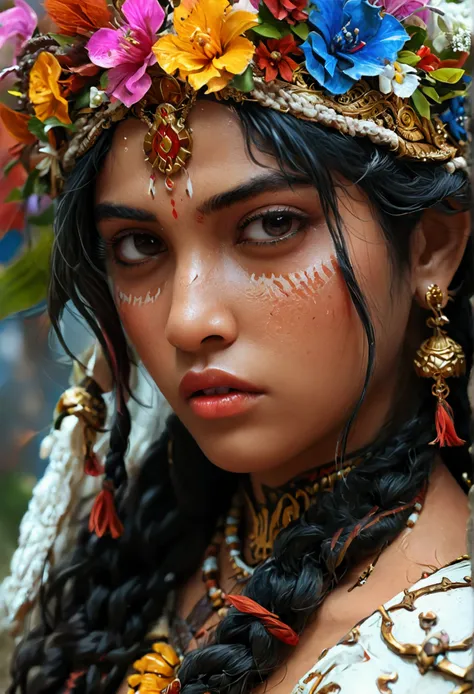 Looks like Malayalam actress Anu Sithara, female barbarian fantasy!!! dressed in vyshyvanka!!!! Full body close up shot, character concept art, sharp focus, octane render! unreal engine 5! highly rendered!! trending on artstation!! detailed linework!! illu...