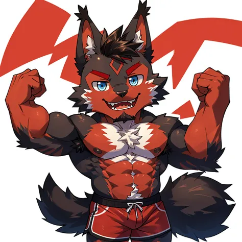 ((Furry lynx cat)), ((chibi)), chibi, chibi, chibi, body fully covered in black fur, ((fully covered in black fur)), ((black fur)), sharp fangs, sharp teeth, summer shorts outfit, cute, blue eyes, red chest hair, red eyebrows, red armpit hair, black nose, ...