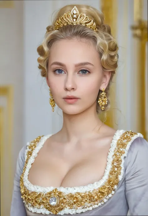 Close up shot , looking at viewer, Russian girl, 22 age old, (Blond hair, middle hair ,  wince, Gray eyes, beautiful lip,  serious),  gold crescent earrings, gold neckless, (big breasts, slender whist, wide hip, real public hair) ,(Rococo 18the century dre...