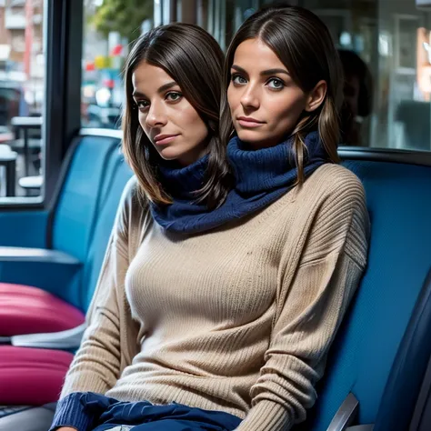 2heads:1.5, 1woman brunette chilean and 1woman blonde French, 37 years old, emo, skinny, sleepy,  wearing a colorful turtleneck sweater, backpack on lap,, delicate body hair visible, visible acne on forehead, talking while sitting on a bus stop, very detai...