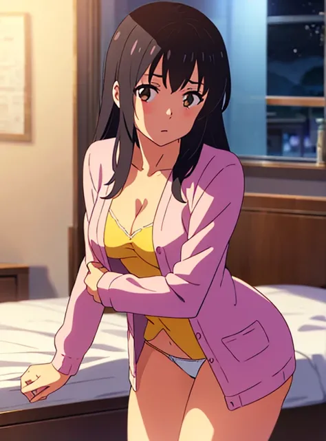 shinkai makoto, kimi no na wa., 1girl, black hair, brown eyes, long hair, red hair string, long sleeve light pink cardigan, open shirt, yellow shirt, cleavage, breast, medium breast, bottomless, white panties, butt, looking at the viewer, indoors, bedroom,...