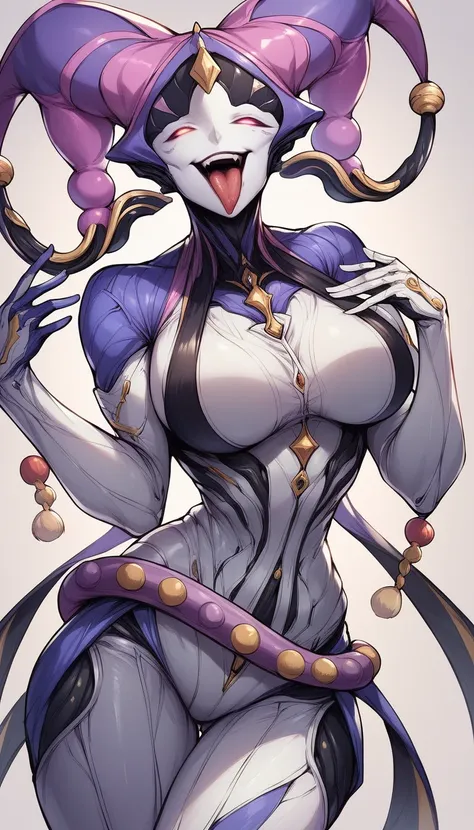 (warframe:1.2),mirage prime,white suit,big breasts,jester belt,black carnival jester,purple neon seams,robot joint,intricate,sex...