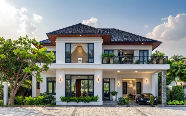 (masterpiece:1.2), best quality, photo of a two-story modern house in vietnam with white walls and dark tiles on the roof., dark...