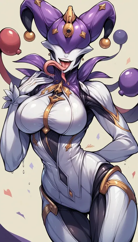 (warframe),mirage prime,white suit,big breasts,jester helmet,black carnival jester,purple neon seams,robot joint,intricate,sexy ...