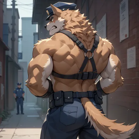 （furry、dog police officer）、dark back alley、hands restrained behind your back、front、muscular、estrus、looks frustrated、are standing