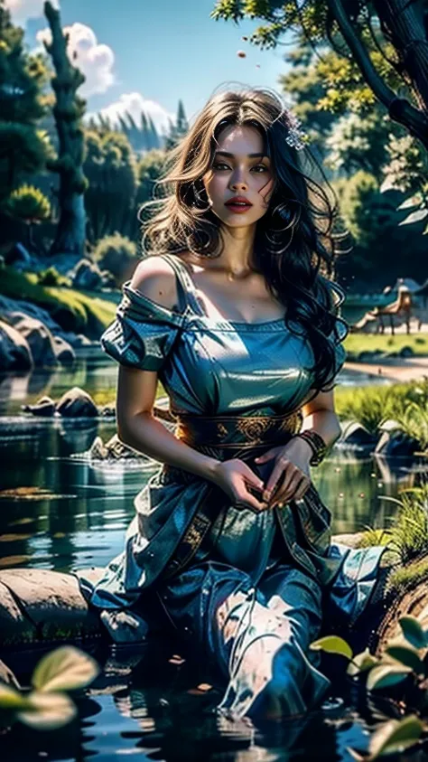 High quality fingers, normal hands, detailed fingers,​masterpiece, (realisti, fotorealisti:1.37), (16 year old Korean girl), in sheer blue saree, translucent blue bra, a big flower on her hair, mountains, See, Trees, clouds, Mid Chest, narrow waists, dark ...