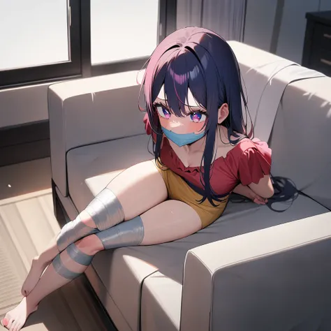 1girl, hoshino ai (oshi no ko), oshi no ko,living room,lying on a sofa,,tape bondage,gaged,tapegag,tape,hand behind back,masterpiece,very aesthetic,newest,