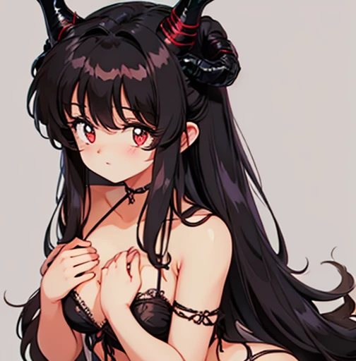 the girl in heat has two horns tied flat chest, as well as two hands on her flushed lewd face