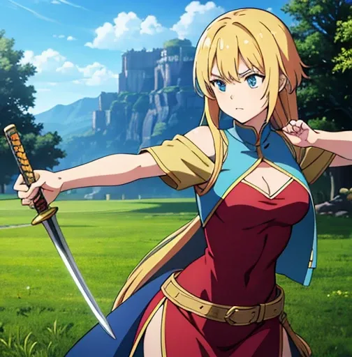 an animated character is in the background of a video game screener and an image of a girl in an with a sword on her shoulder and her breasts spread out