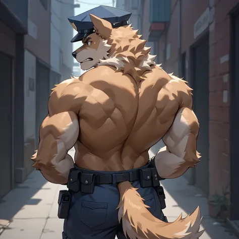 （furry、dog police officer）、dark back alley、hands restrained behind your back、facing front、muscular、looks frustrated、are standing