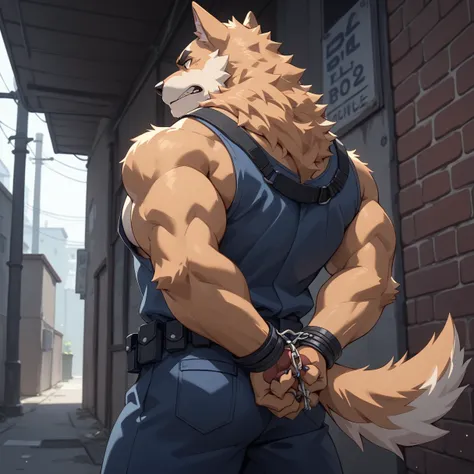 （furry、dog police officer）、dark back alley、hands restrained behind your back、look forward、muscular、looks frustrated、are standing