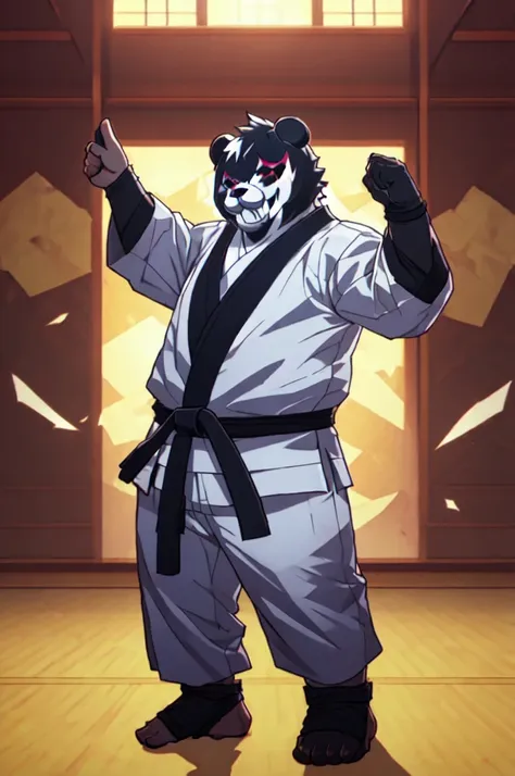 (((Barefoot furry character, full body, cinematic setting, furry male, plantigrade)))

(((monokuma))), bear, grin, teeth, half black and half white, judo, blue kimono, (((ankle braces))), (((martial art footwear)))

BREAK, masterpiece, ((detailed backgroun...