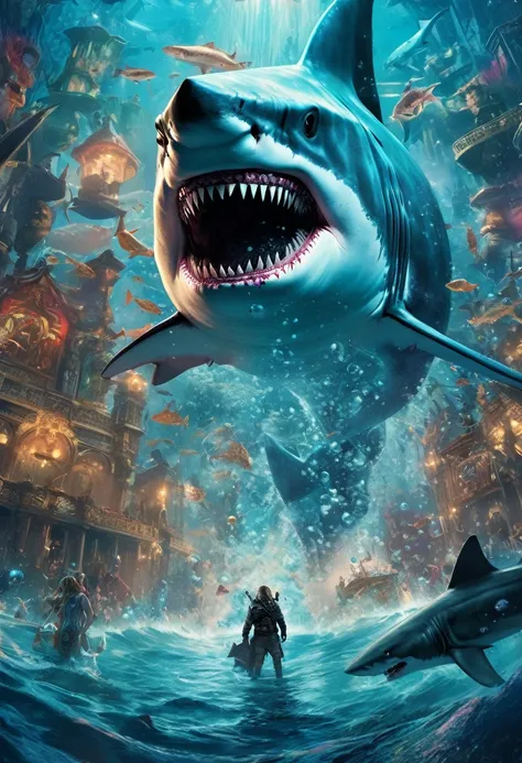 (masterpiece, best quality,ultra highres),anime,(king-shark from "suicide squad")king-shark summoned from a portal that connects...