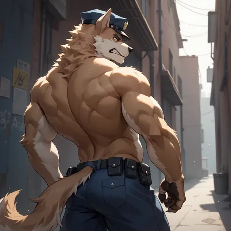 （furry、dog police officer）、dark back alley、i can see my stomach、muscular、looks frustrated、are standing