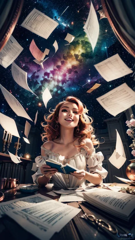 masterpiece,best quality,aesthetic,detailed face,subsurface scattering,looking up,
wrenchsfantasy,fantasy,1girl,photo of a cute girl,light smile,charming,20yo,ringlets hair.Hair flaps,Copper hair,glowing,cloud,colorful || starry,stars,paperexplosion,surrou...