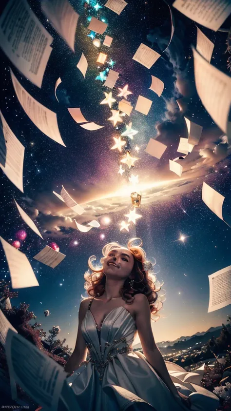 masterpiece,best quality,aesthetic,detailed face,subsurface scattering,looking up,
wrenchsfantasy,fantasy,1girl,photo of a cute girl,light smile,charming,20yo,ringlets hair.Hair flaps,Copper hair,glowing,cloud,colorful || starry,stars,paperexplosion,surrou...