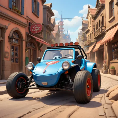 close-up of the corner, (very cute dune buggy,machine, eyes instead of headlights, sticks out tongue, Funny, iconic, funny moment,) background street,city, Visually stunning , 3d,more details XL, Disney Pixar Cars