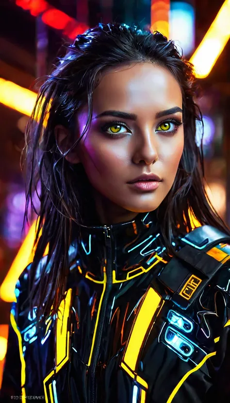 bright yellow eyes, ultra-detailed,vibrant colors,sci-fi,portrait,dramatic lighting,detailed facial features,dark background,lon...