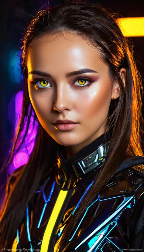 bright yellow eyes, ultra-detailed,vibrant colors,sci-fi,portrait,dramatic lighting,detailed facial features,dark background,long hair,glowing eyes,futuristic clothing,expressionless face,metallic texture,bright highlights,high contrast,radiant colors,arti...