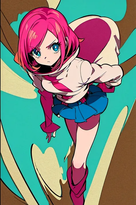 13 year old girl anime shonen style design,retro clothes, bizarre creative design, short bright pink hair, blue sky eyes,  shone...